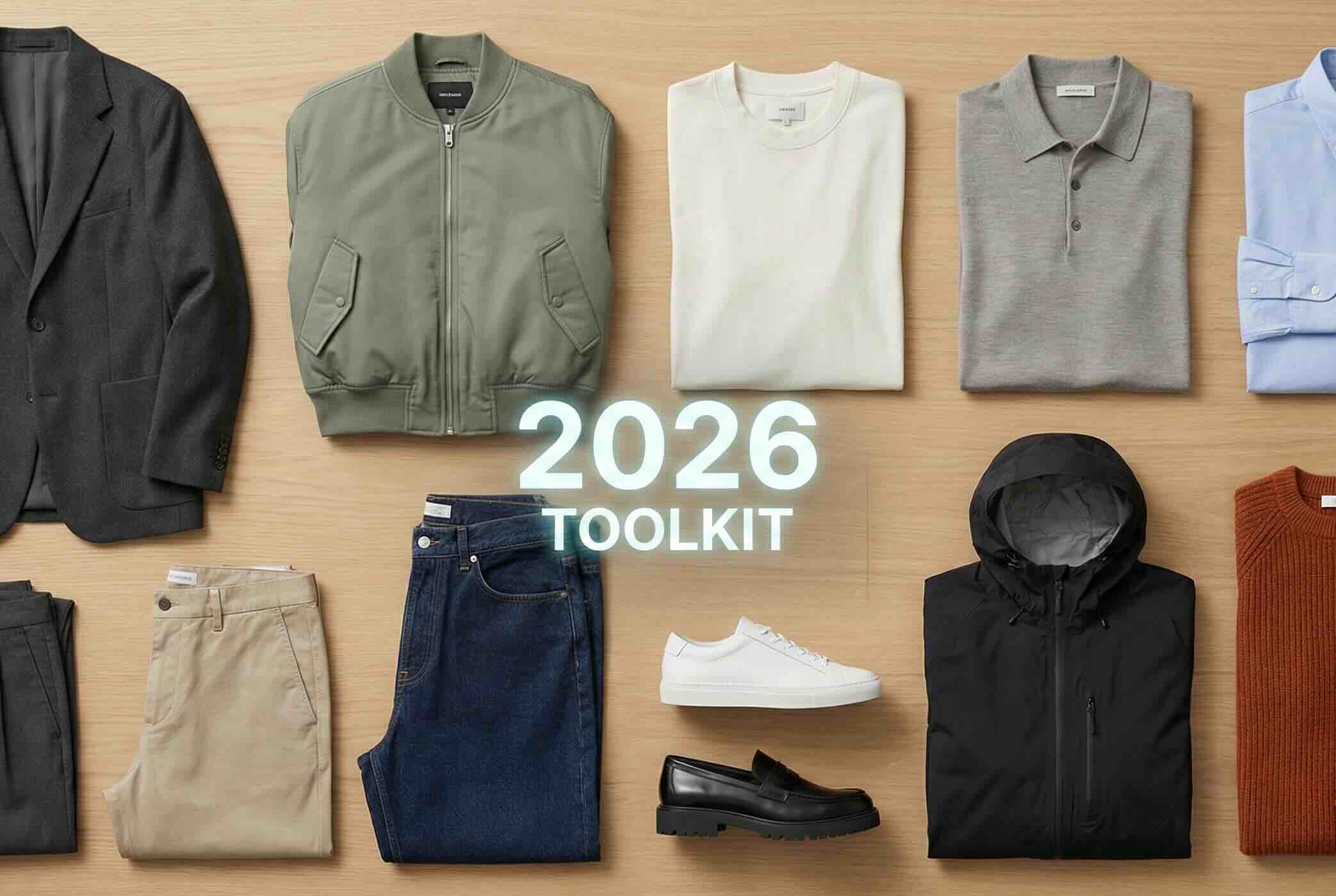 Flat lay of a 12-piece 2026 capsule wardrobe including blazer, bomber, tees, polos, jeans, chinos, shoes, and shell.