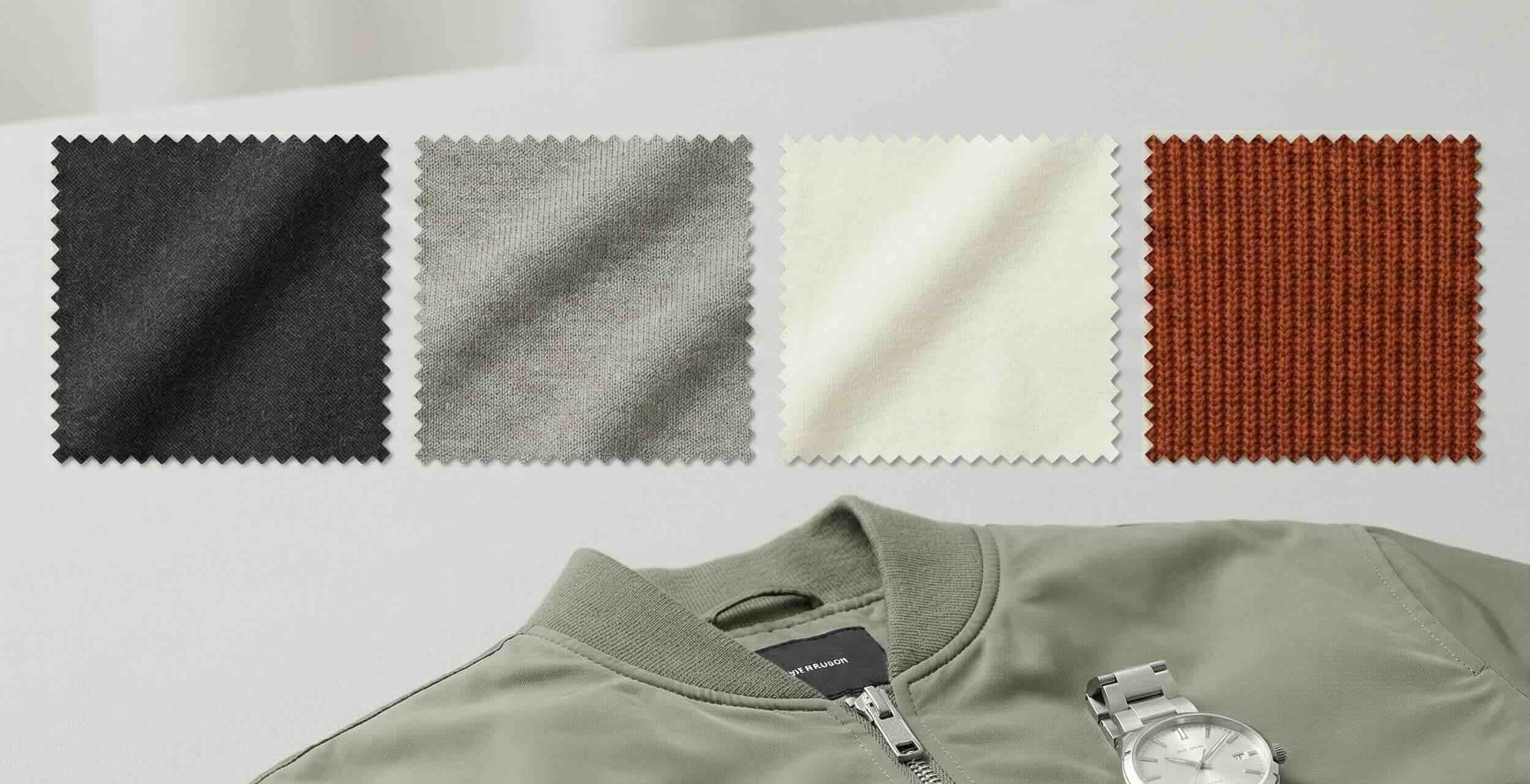 Fabric swatches in charcoal, sage, off-white, and rust next to a sage bomber collar and silver watch.